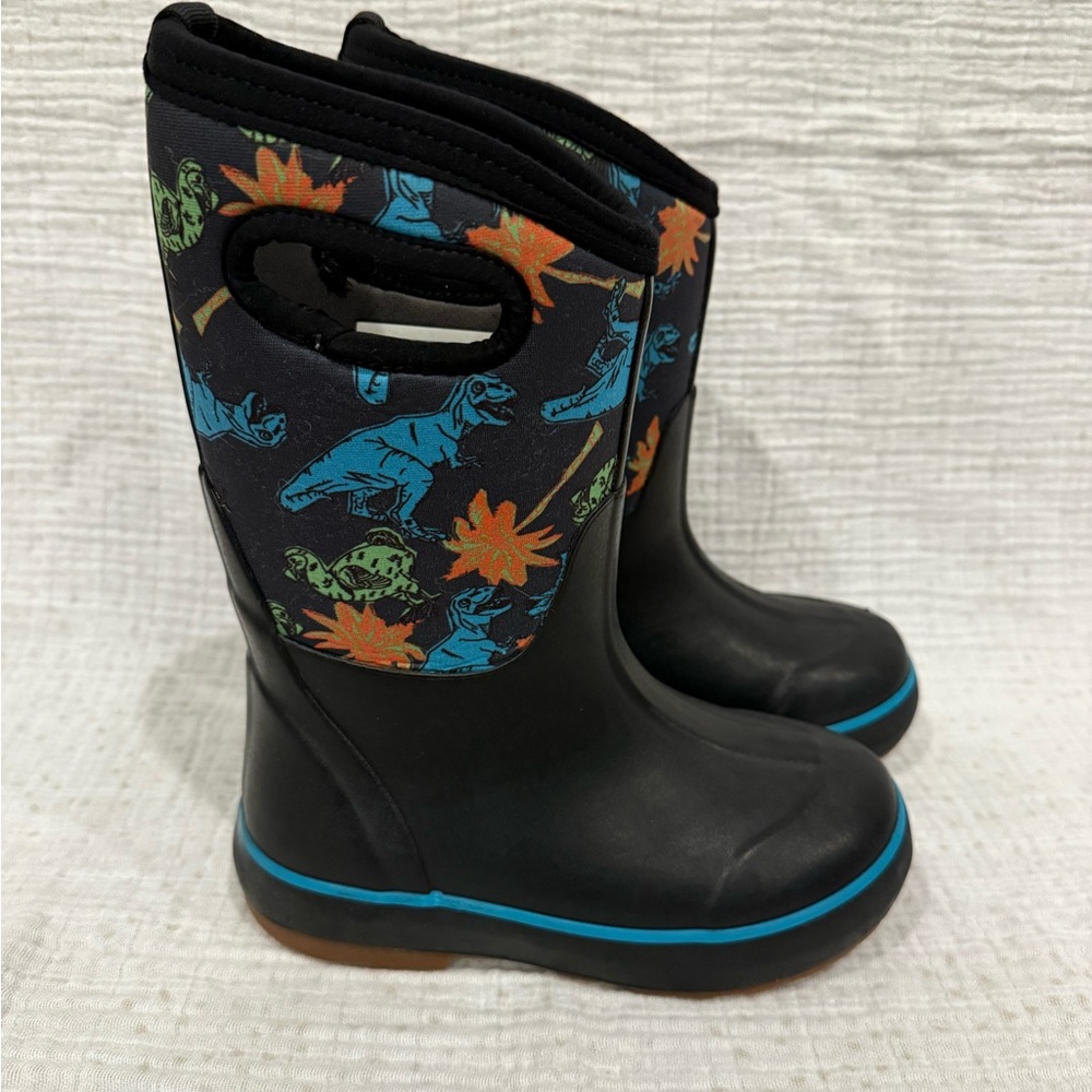 Bogs Black Boots with Blue Dinosaur and Orange Floral Design